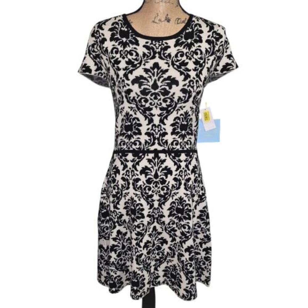 CeCe by Cynthia‎ Steffe Black White Damask Knit Fit Flare Dress Size S